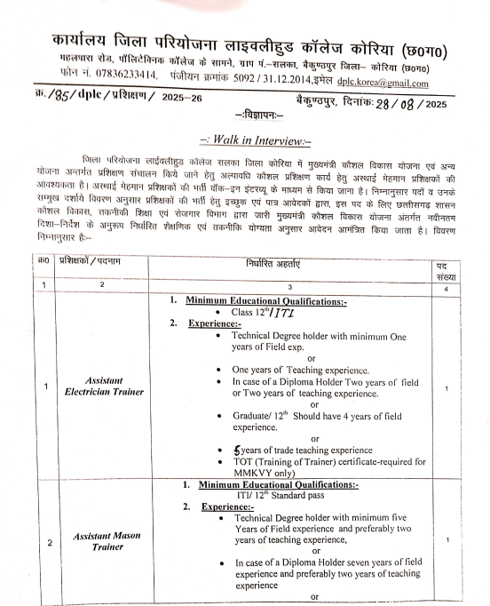 Livelihood College Koriya Vacancy 