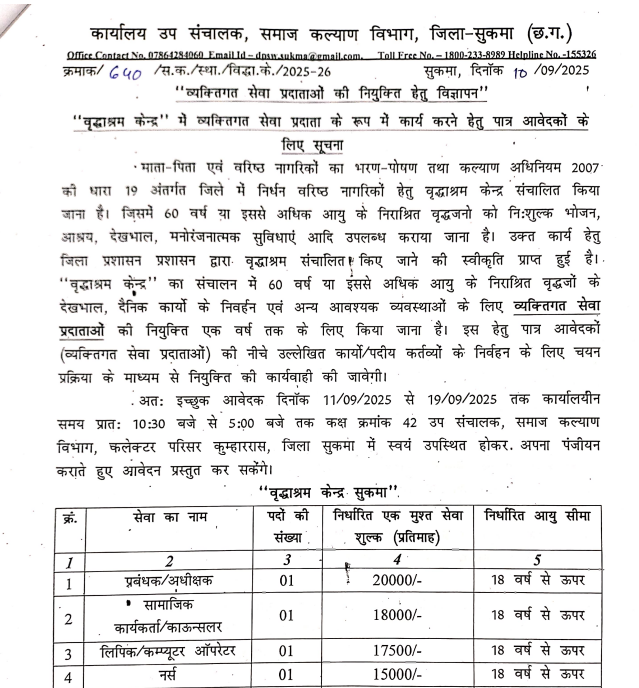 Sukma Social Welfare Recruitment 2025
