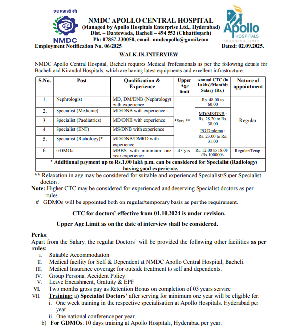 NMDC Apollo Hospital Recruitment 2025
