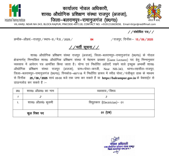 Balrampur ITI Guest Lecturer Recruitment 2025
