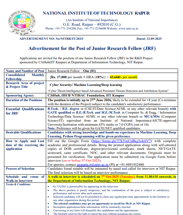 NIT Raipur Recruitment 2025
