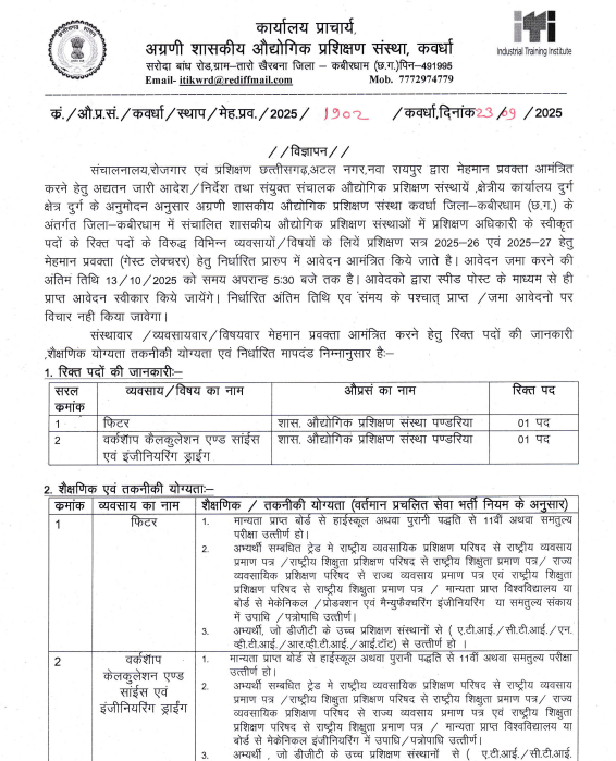 ITI Kawardha Guest Lecturer Vacancy 2025
