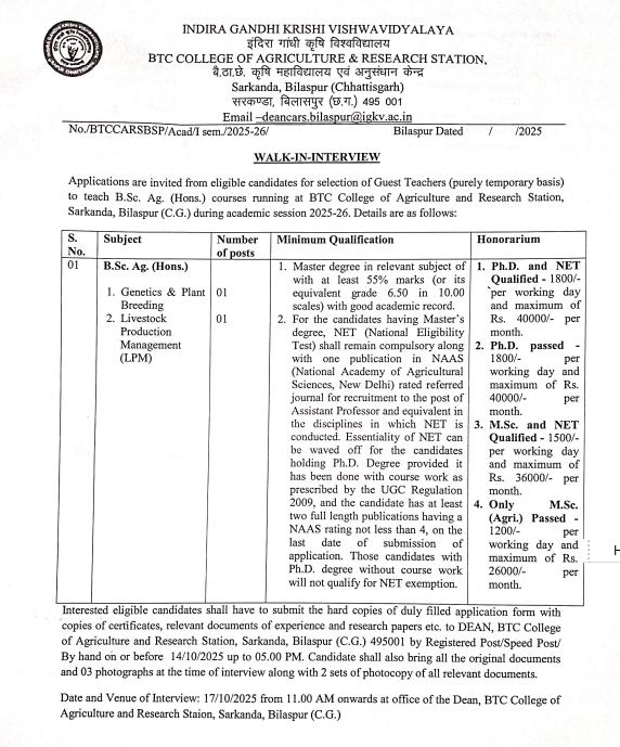 IGKV Bilaspur Vacancy 2025
