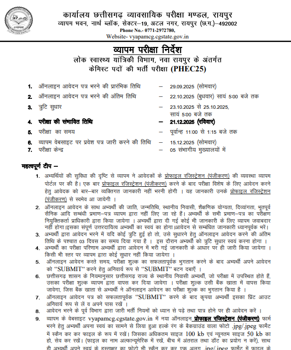 CG Vyapam Chemist Recruitment 2025
