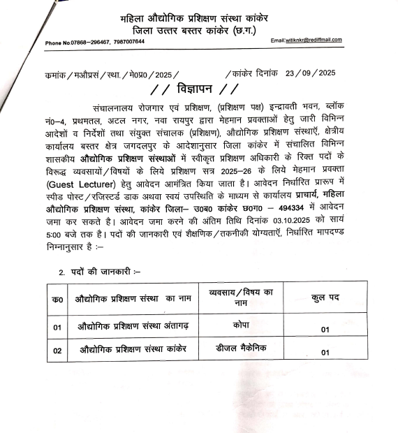 ITI Kanker Guest Lecturer Recruitment 2025
