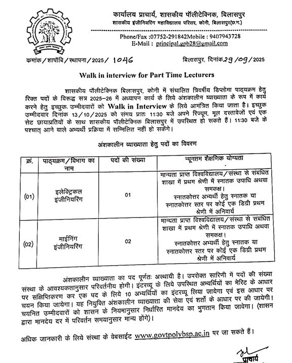 Govt Polytechnic Bilaspur Lecturer Recruitment 2025

