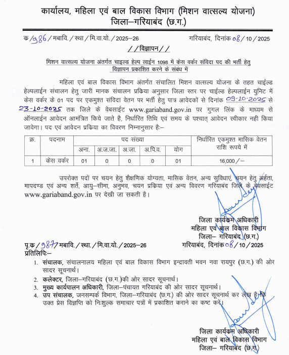 WCD Gariaband Recruitment 2025
