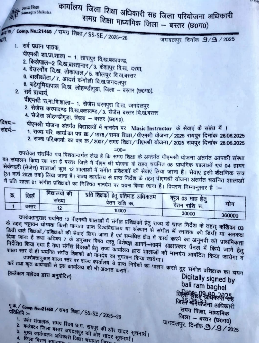 Bastar Music Teacher Recruitment 2025