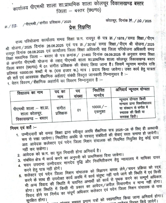 PM Shri School Bastar Recruitment 2025
