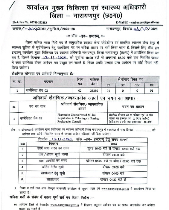 Narayanpur Pharmacist Recruitment 2025
