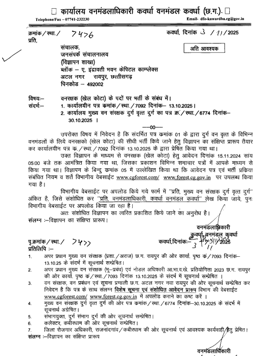 CG Forest Guard Sports Quota Recruitment 2025