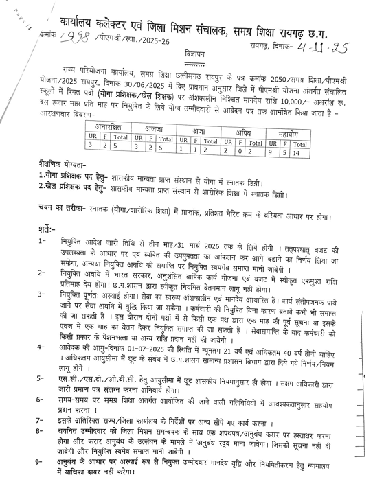 Raigarh Yoga Sports Teacher Vacancy 2025