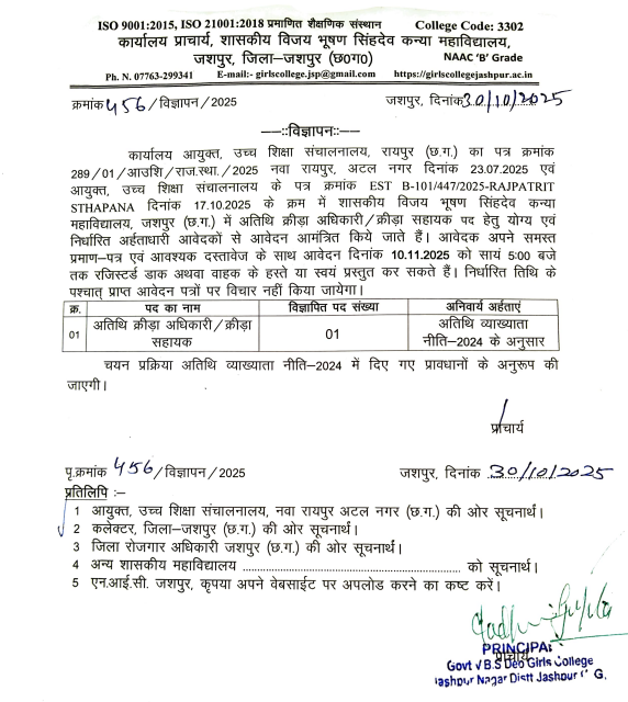 Govt College Jashpur Sports Officer Recruitment 2025