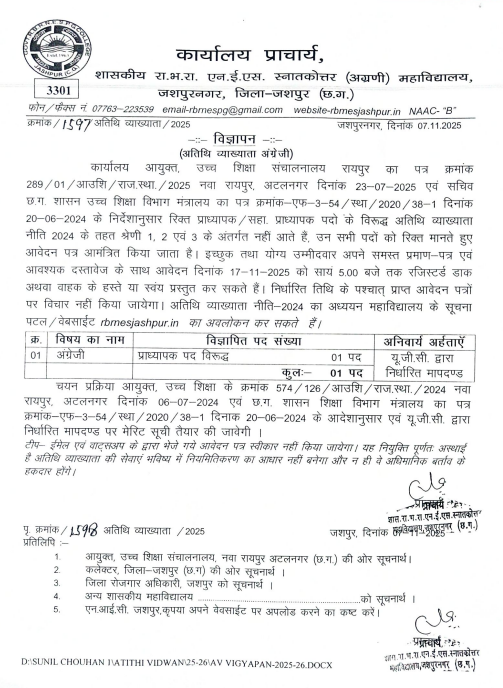 Jashpur English Lecturer Vacancy 2025