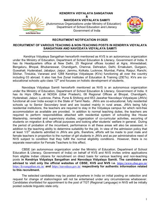 KVS NVS Recruitment 2025
