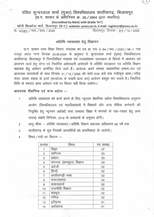 PSSOU Guest Lecturer Recruitment 2025