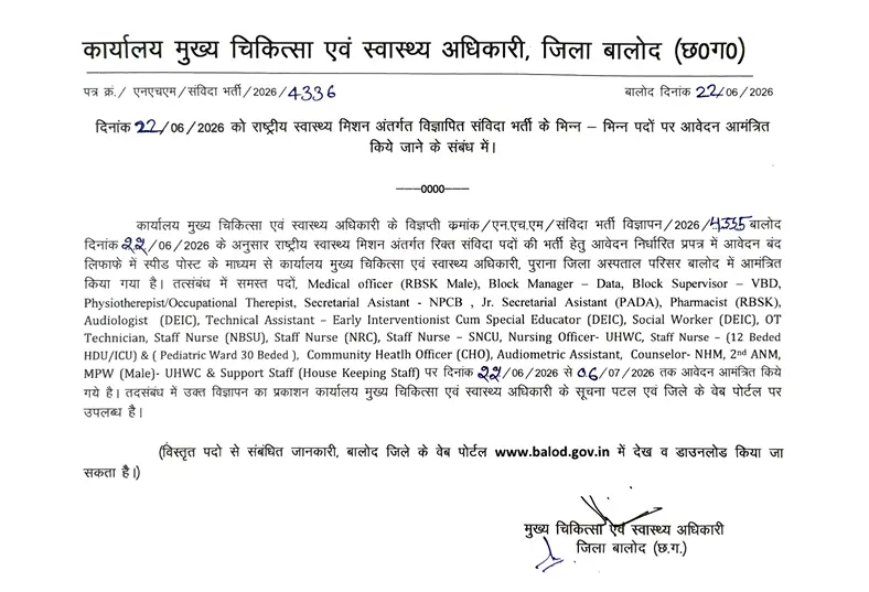 CMHO Balod Recruitment 2026: बालोद स्वास्थ्य विभाग में 67 पदों पर सीधी नौकरी, यहाँ से भरें ऑफलाइन फॉर्म 3 CMHO Balod Recruitment 2026