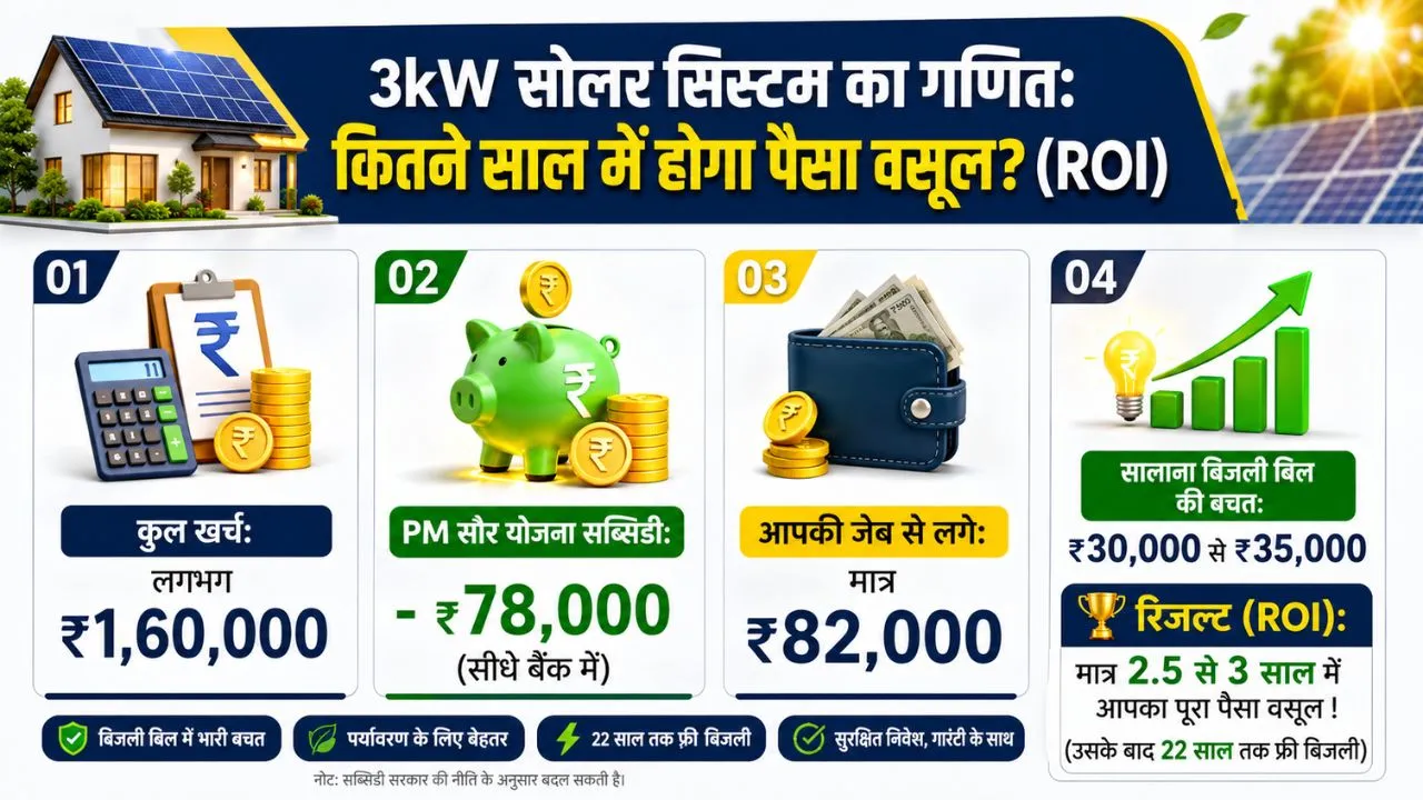 Free Solar Panel Kaise Lagaye? PM सौर योजना सब्सिडी, खर्च और अप्लाई करने का पूरा तरीका 4 3kw solar system roi calculation pm saur yojana