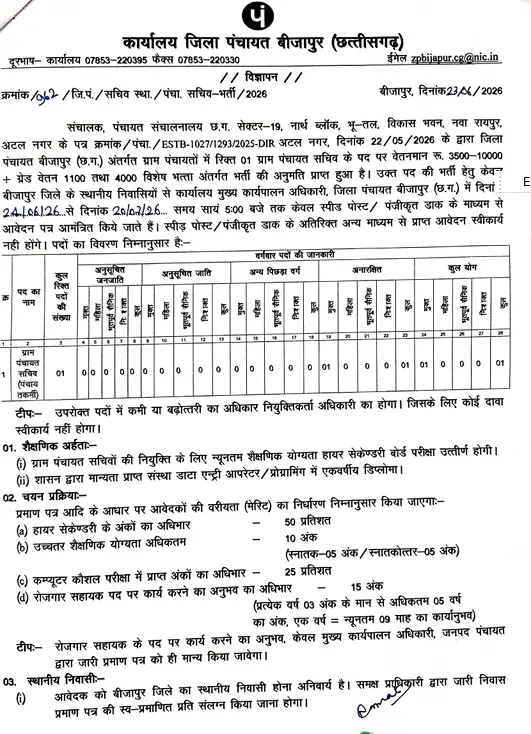 Bijapur Gram Panchayat Sachiv Recruitment 2026: बीजापुर ग्राम पंचायत सचिव भर्ती (Apply Now) 3 Bijapur Gram Panchayat Sachiv Recruitment 2026