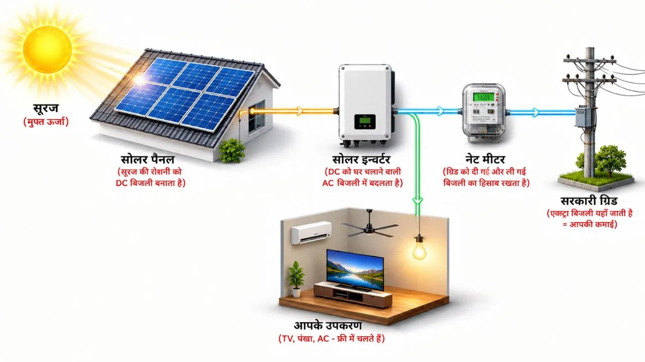 Free Solar Panel Kaise Lagaye? PM सौर योजना सब्सिडी, खर्च और अप्लाई करने का पूरा तरीका 5 how on grid solar system works diagram hindi